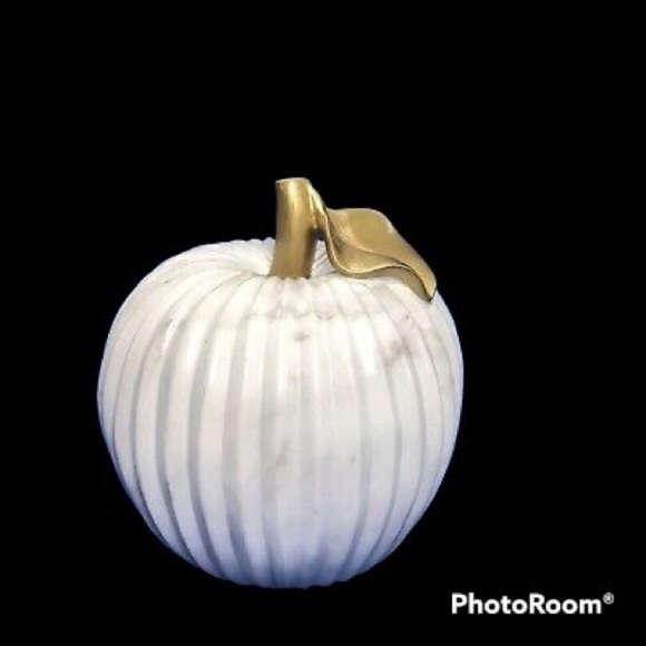 FALL ACCENT/DECOR Faux Marble Ridged Pumpkin White&Grey Gold Trim - Picture 1 of 11